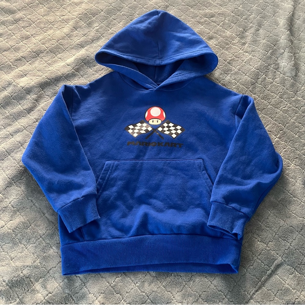 Kids Mario Kart Racing Hoodie Blue Mushroom‎ Flags Graphic Size 4/5